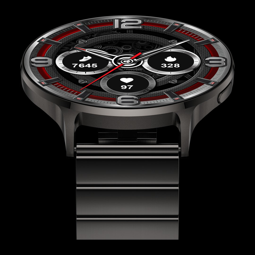 Carbon Apollo preto com pulseira de aço em elos, close da tela e do aro